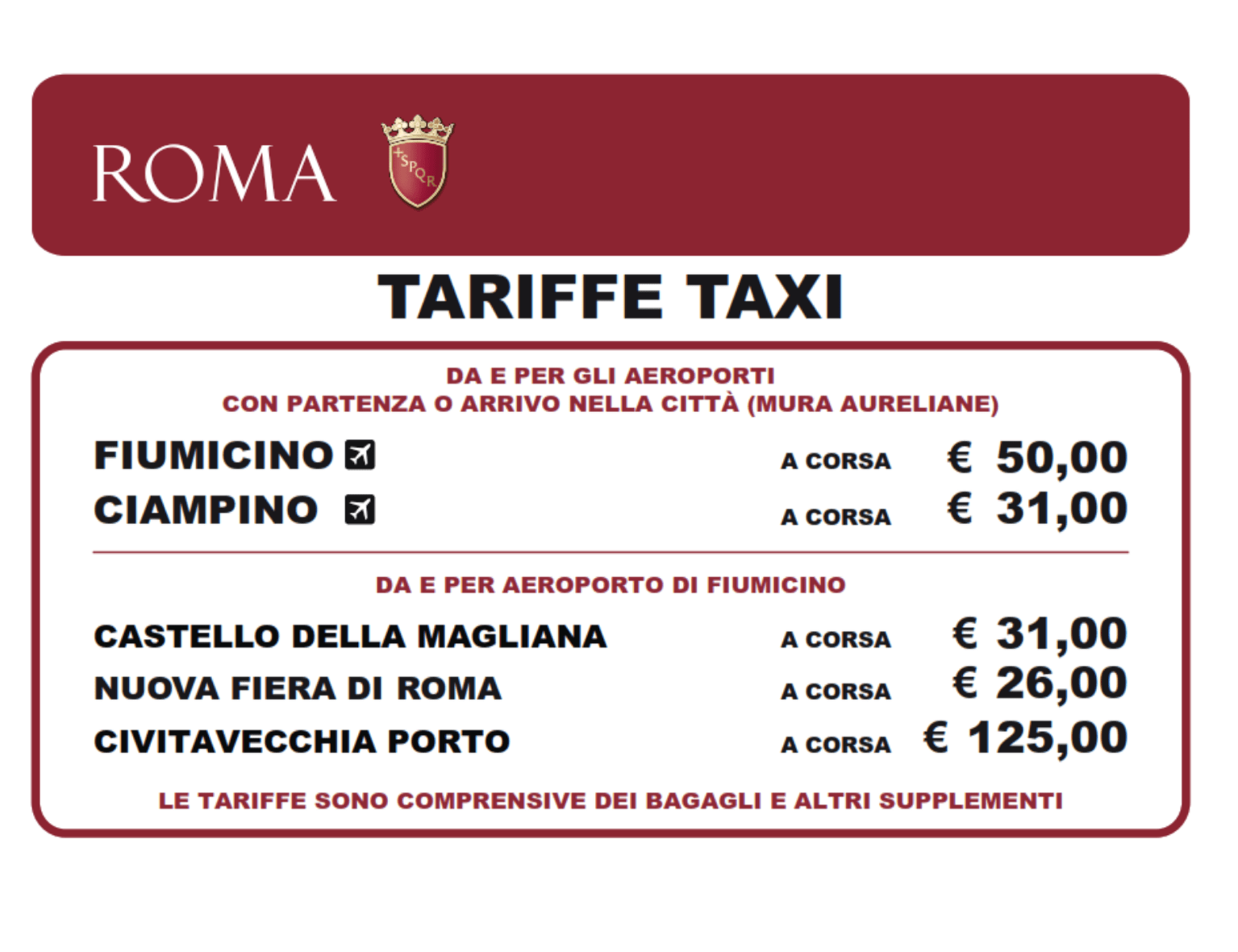 TAXI ROMA TARIFFE