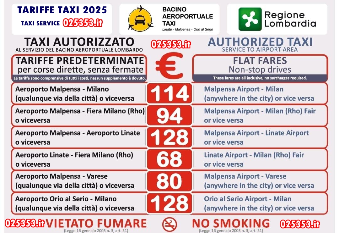 TAXI LOMBARDIA TARIFFE