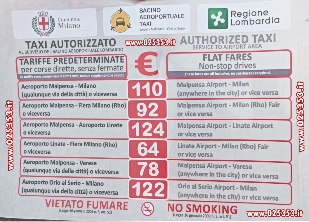 TAXI MILAN RATES